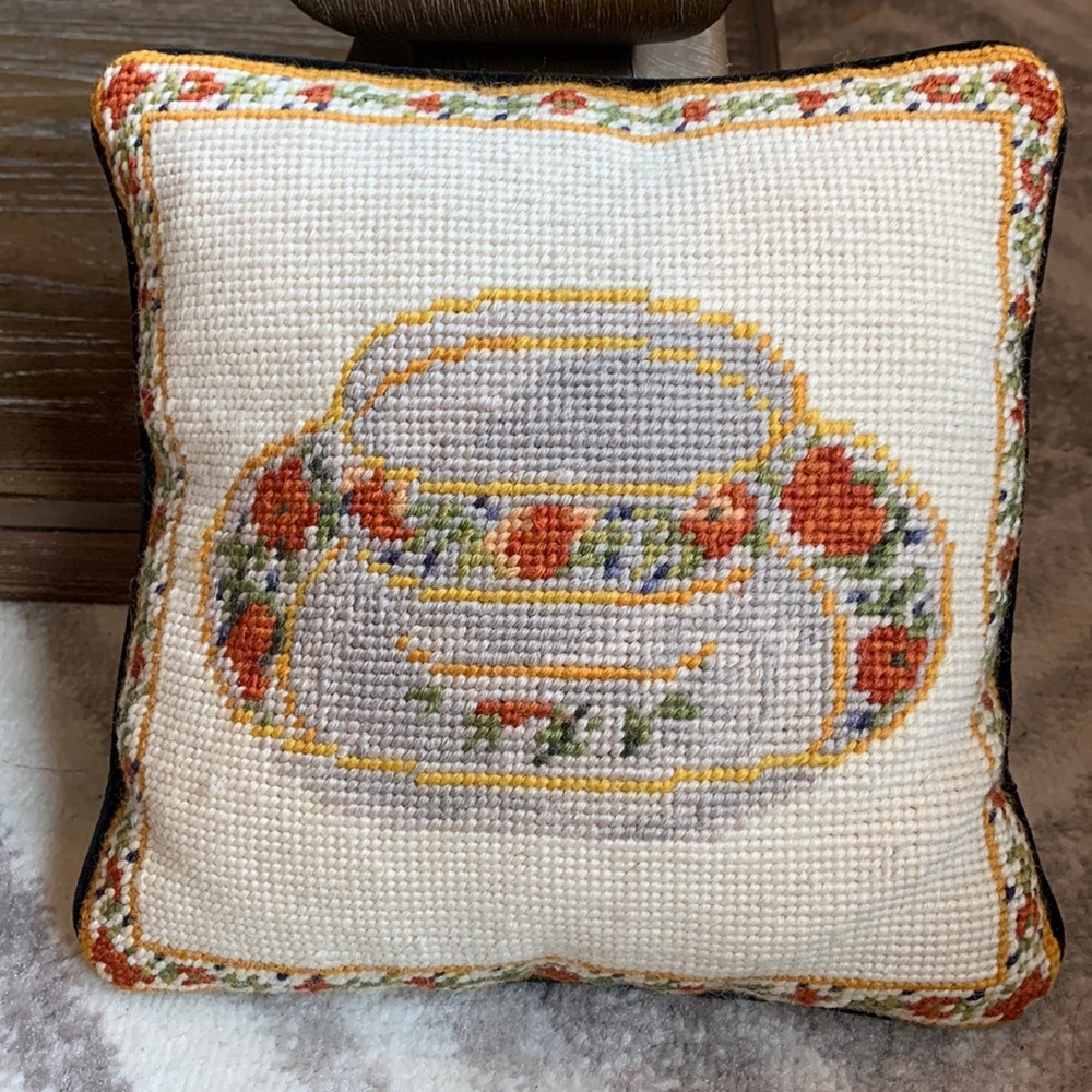 Embroidered Little Pillow by Two's Company tea ☕️ cup french country decorative